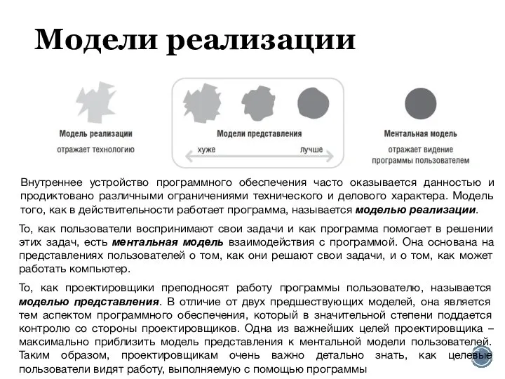 Модели реализации То, как проектировщики преподносят работу программы пользователю, называется моделью представления.