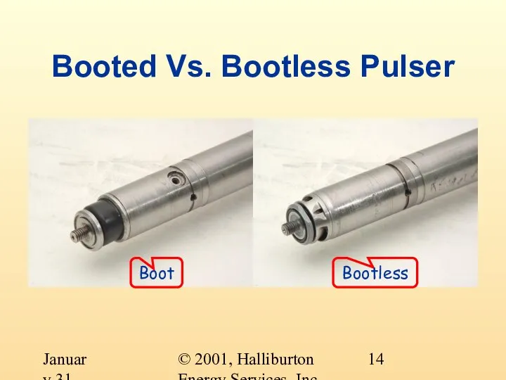 © 2001, Halliburton Energy Services, Inc. January 31, 2001 Boot Booted Vs. Bootless Pulser Bootless