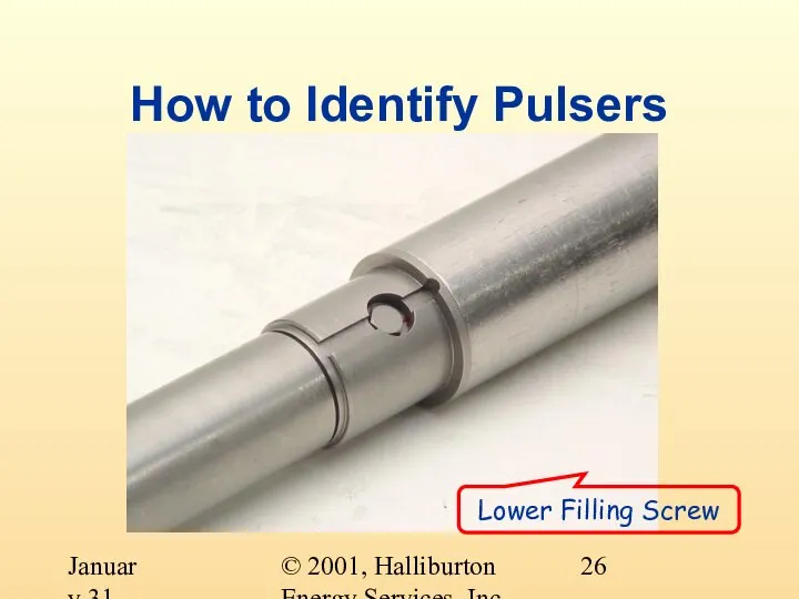 © 2001, Halliburton Energy Services, Inc. January 31, 2001 How to Identify Pulsers Lower Filling Screw