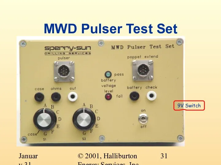 © 2001, Halliburton Energy Services, Inc. January 31, 2001 MWD Pulser Test Set 9V Switch