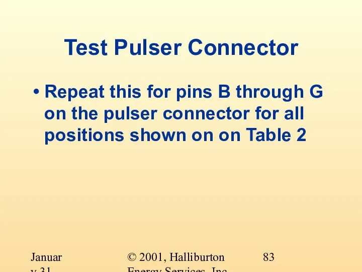 © 2001, Halliburton Energy Services, Inc. January 31, 2001 Test Pulser Connector