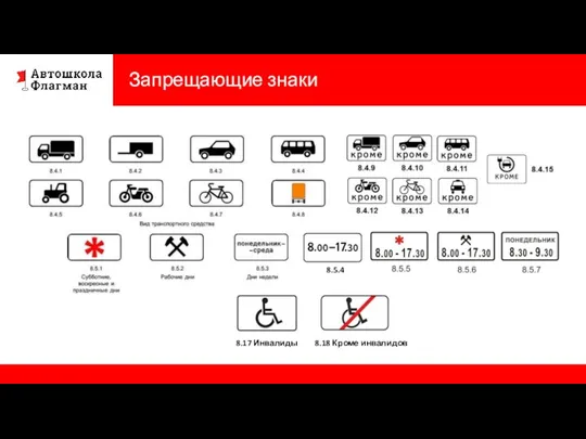 Запрещающие знаки 8.5.4 8.17 Инвалиды 8.18 Кроме инвалидов