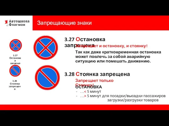 Запрещающие знаки 3.27 Остановка запрещена 3.28 Стоянка запрещена Запрещает и остановку, и