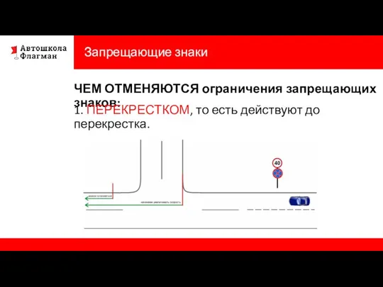 Запрещающие знаки ЧЕМ ОТМЕНЯЮТСЯ ограничения запрещающих знаков: 1. ПЕРЕКРЕСТКОМ, то есть действуют до перекрестка.