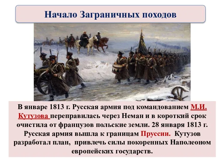 Начало Заграничных походов В январе 1813 г. Русская армия под командованием М.И.