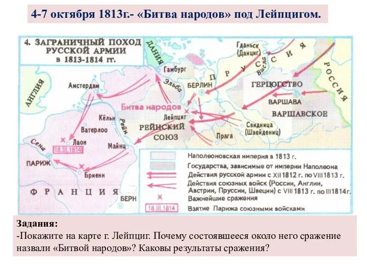 4-7 октября 1813г.- «Битва народов» под Лейпцигом. Задания: -Покажите на карте г.