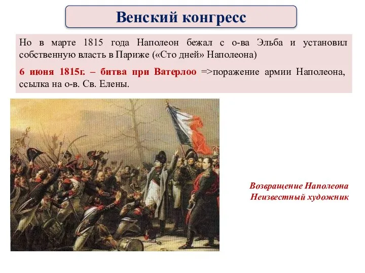 Цель: территориальный передел Европы; восстановление династии борьба с революцией 9.06.1815 - Заключительный акт конгресса: Венский конгресс