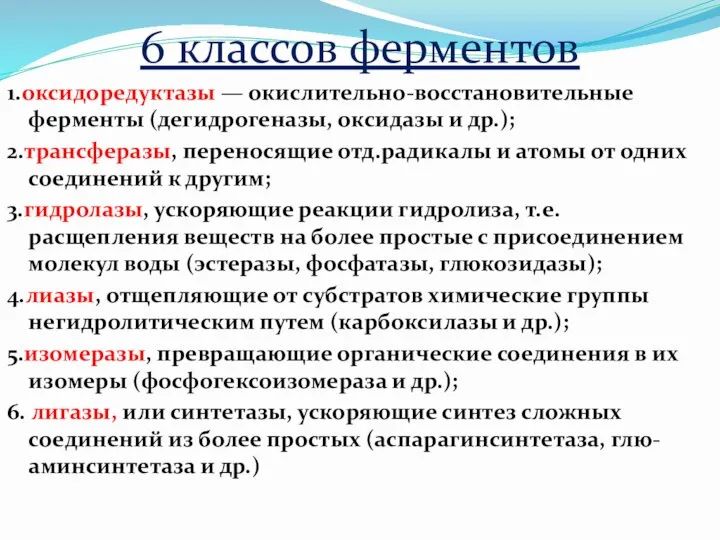 6 классов ферментов 1.оксидоредуктазы — окислительно-восстановительные ферменты (дегидрогеназы, оксидазы и др.); 2.трансферазы,