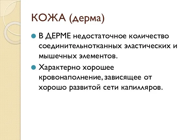 КОЖА (дерма) В ДЕРМЕ недостаточное количество соединительнотканных эластических и мышечных элементов. Характерно