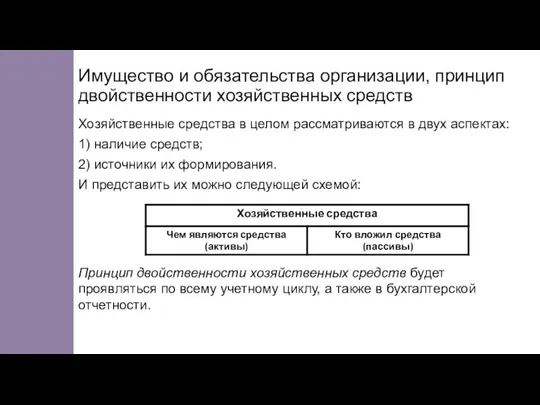 Имущество и обязательства организации, принцип двойственности хозяйственных средств Хозяйственные средства в целом