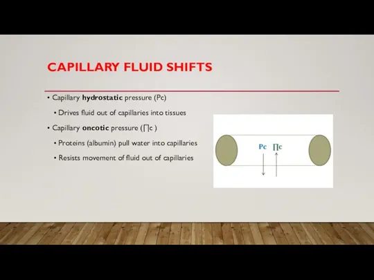 CAPILLARY FLUID SHIFTS • Capillary hydrostatic pressure (Pc) • Drives fluid out