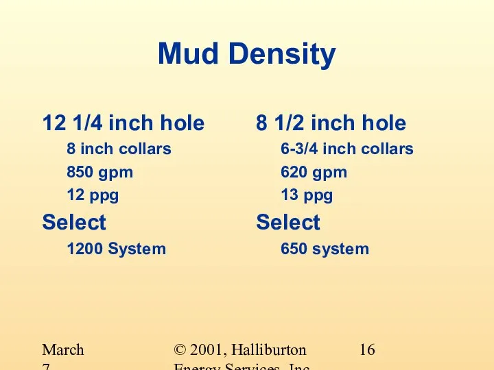 © 2001, Halliburton Energy Services, Inc. March 7, 2001 Mud Density 12