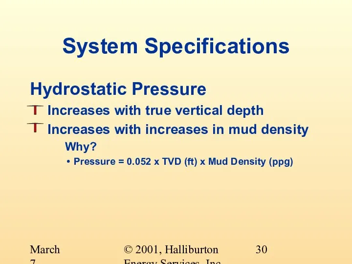 © 2001, Halliburton Energy Services, Inc. March 7, 2001 System Specifications Hydrostatic