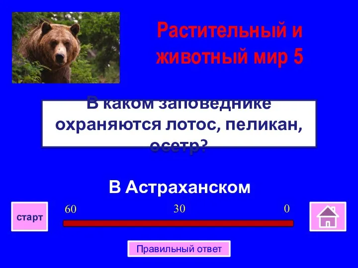 В Астраханском В каком заповеднике охраняются лотос, пеликан, осетр? 0 30 60