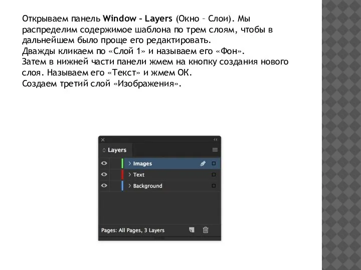 Открываем панель Window – Layers (Окно – Слои). Мы распределим содержимое шаблона