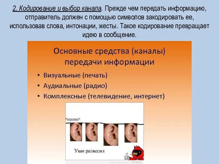 2. Кодирование и выбор канала. Прежде чем передать информацию, отправитель должен с