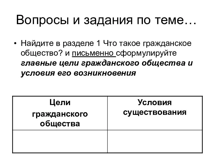 Вопросы и задания по теме… Найдите в разделе 1 Что такое гражданское