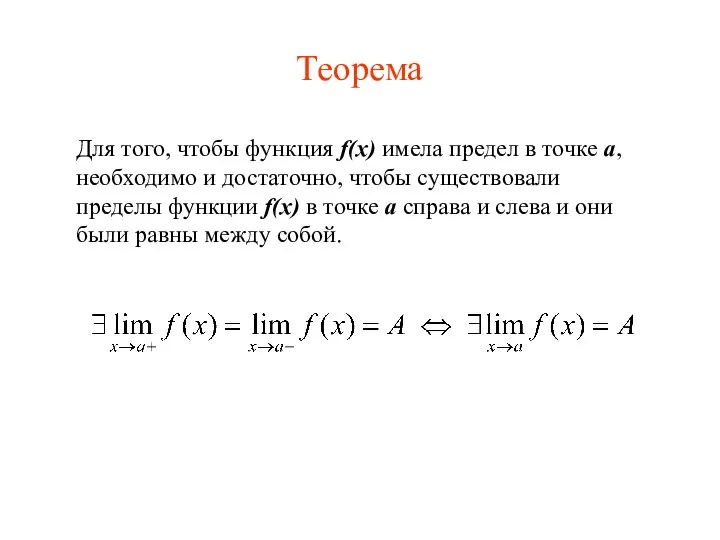 Теорема Для того, чтобы функция f(x) имела предел в точке a, необходимо