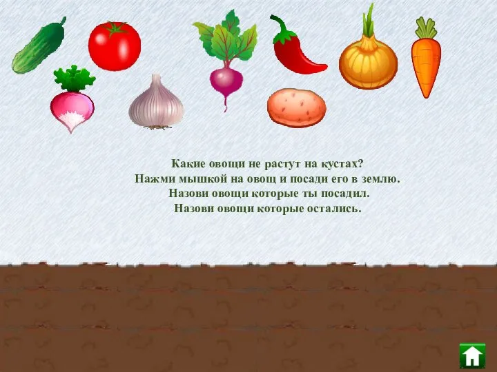 Какие овощи не растут на кустах? Нажми мышкой на овощ и посади