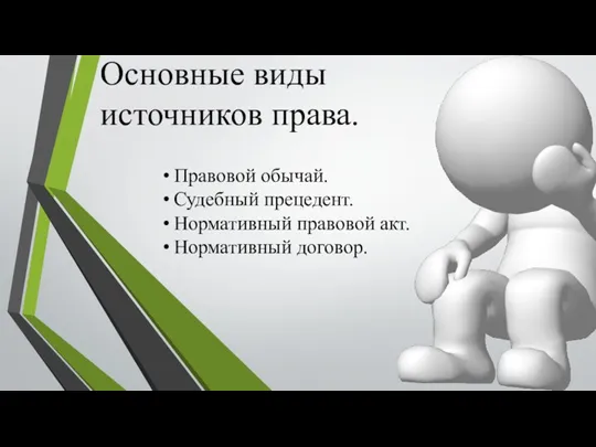 Основные виды источников права. Правовой обычай. Судебный прецедент. Нормативный правовой акт. Нормативный договор.