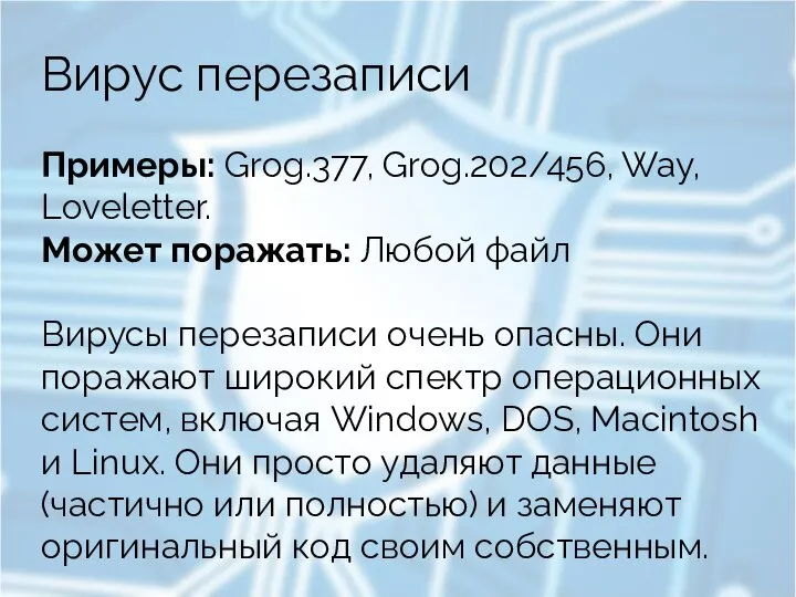 Вирус перезаписи Примеры: Grog.377, Grog.202/456, Way, Loveletter. Может поражать: Любой файл Вирусы