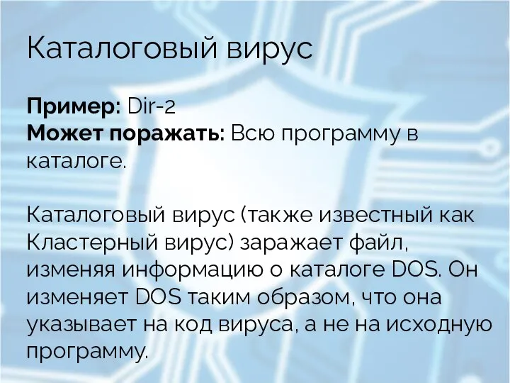 Каталоговый вирус Пример: Dir-2 Может поражать: Всю программу в каталоге. Каталоговый вирус