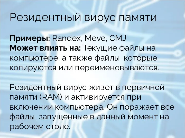 Резидентный вирус памяти Примеры: Randex, Meve, CMJ Может влиять на: Текущие файлы