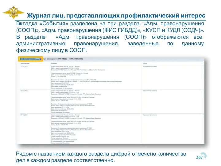 Журнал лиц, представляющих профилактический интерес Вкладка «События» разделена на три раздела: «Адм.