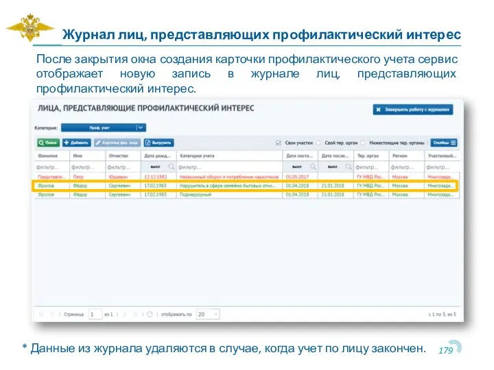 После закрытия окна создания карточки профилактического учета сервис отображает новую запись в