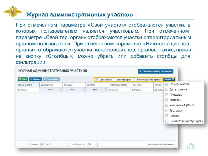 Журнал административных участков При отмеченном параметре «Свой участок» отображаются участки, в которых