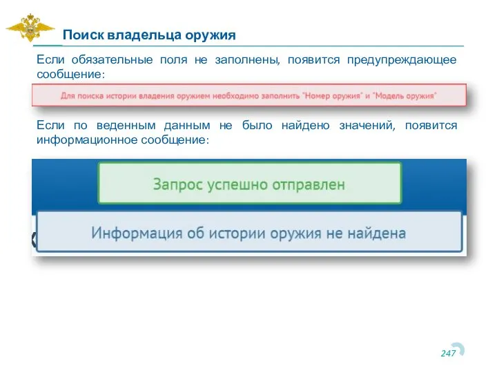 Если обязательные поля не заполнены, появится предупреждающее сообщение: Поиск владельца оружия Если