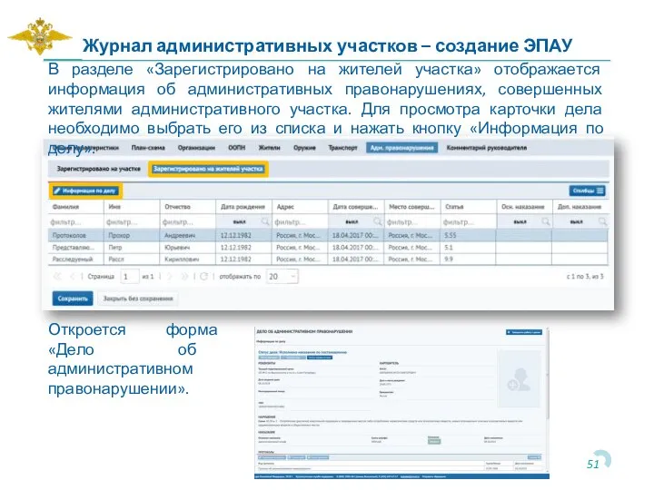 В разделе «Зарегистрировано на жителей участка» отображается информация об административных правонарушениях, совершенных