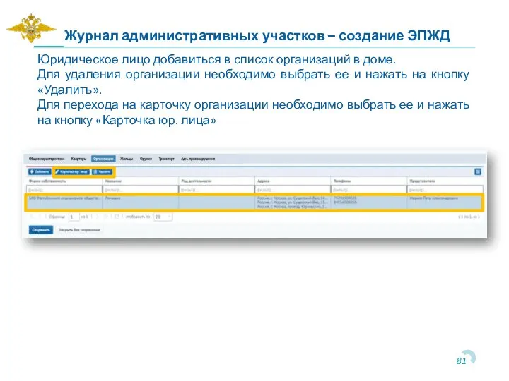 Юридическое лицо добавиться в список организаций в доме. Для удаления организации необходимо