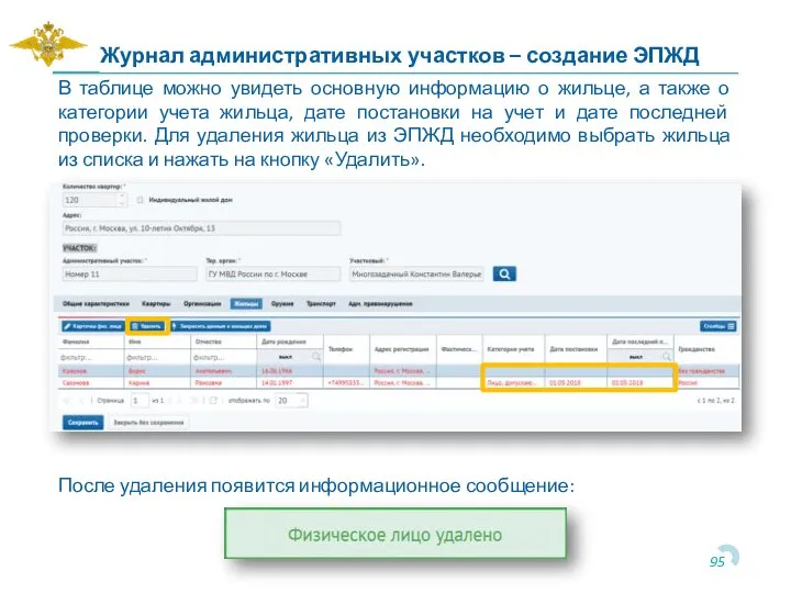 В таблице можно увидеть основную информацию о жильце, а также о категории