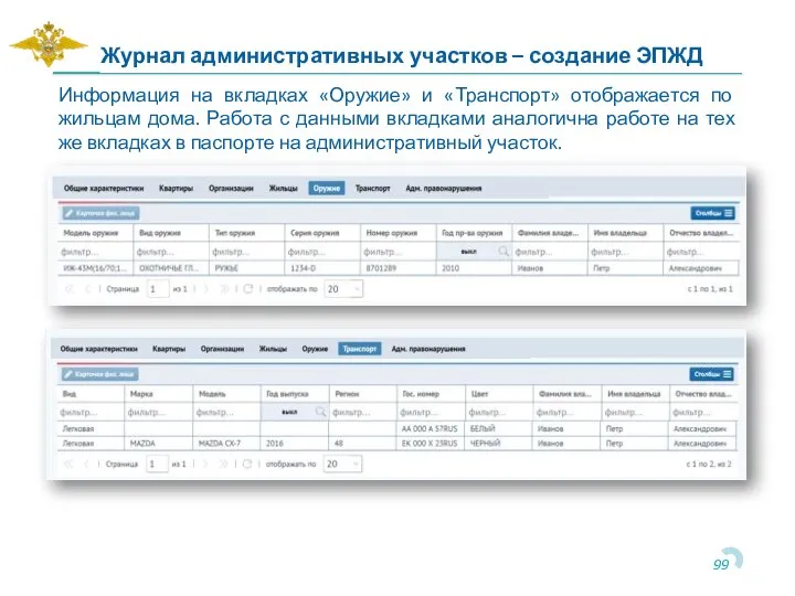 Информация на вкладках «Оружие» и «Транспорт» отображается по жильцам дома. Работа с