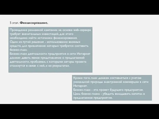 5 этап. Финансирование. Проведение рекламной кампании на основе web-сервера требует значительных инвестиций,