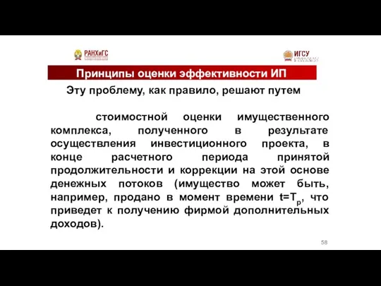 Принципы оценки эффективности ИП Эту проблему, как правило, решают путем стоимостной оценки