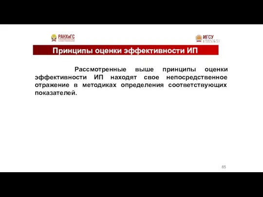 Принципы оценки эффективности ИП Рассмотренные выше принципы оценки эффективности ИП находят свое