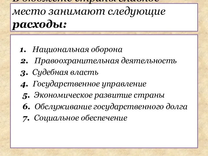 1. Национальная оборона 2. Правоохранительная деятельность 3. Судебная власть 4. Государственное управление