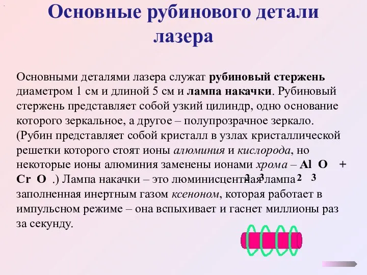 Основные рубинового детали лазера . Основными деталями лазера служат рубиновый стержень диаметром