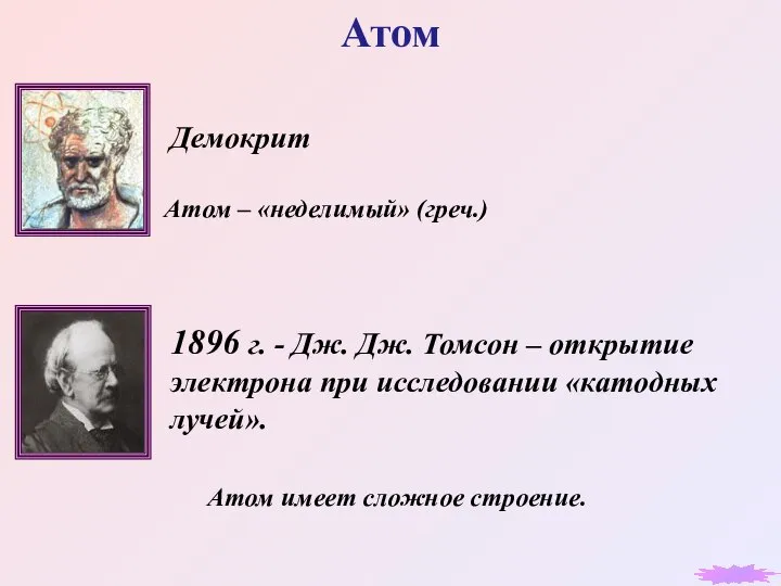 Атом Демокрит Атом – «неделимый» (греч.) 1896 г. - Дж. Дж. Томсон