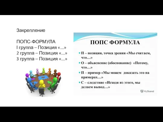 Закрепление ПОПС-ФОРМУЛА І группа – Позиция «...» 2 группа – Позиция «...»