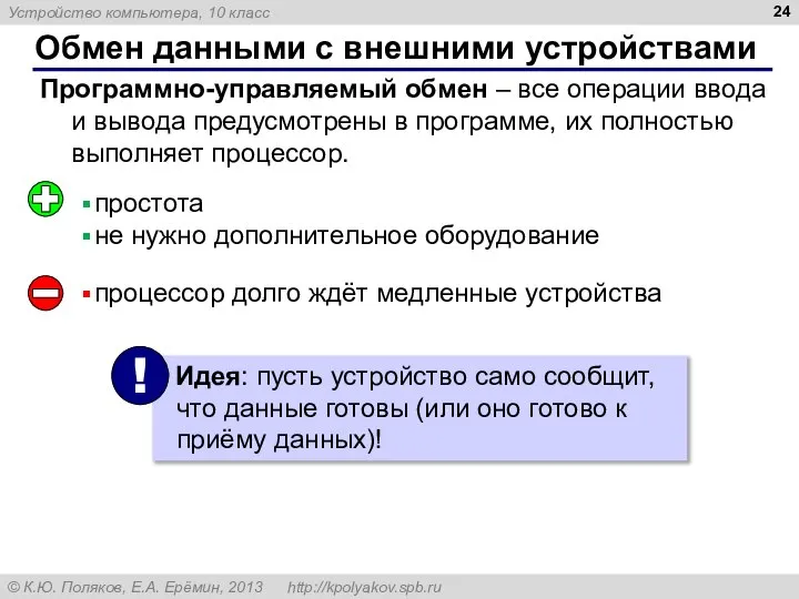 Обмен данными с внешними устройствами Программно-управляемый обмен – все операции ввода и