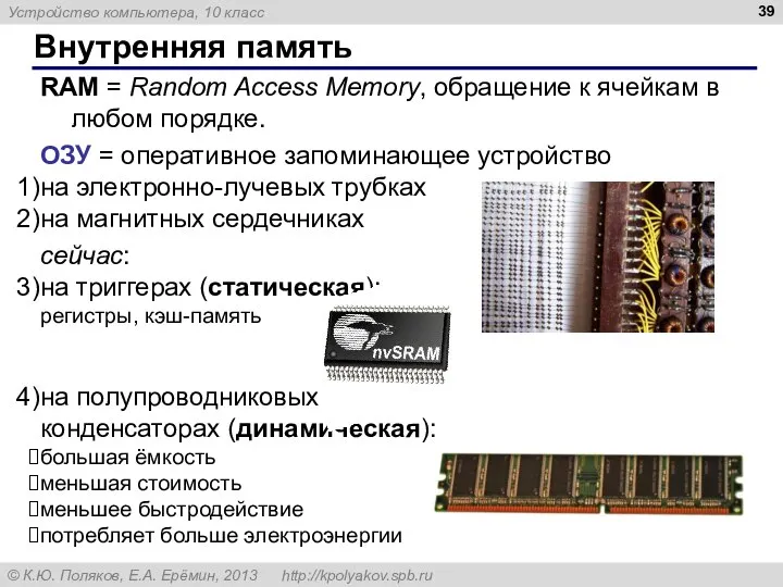 Внутренняя память RAM = Random Access Memory, обращение к ячейкам в любом