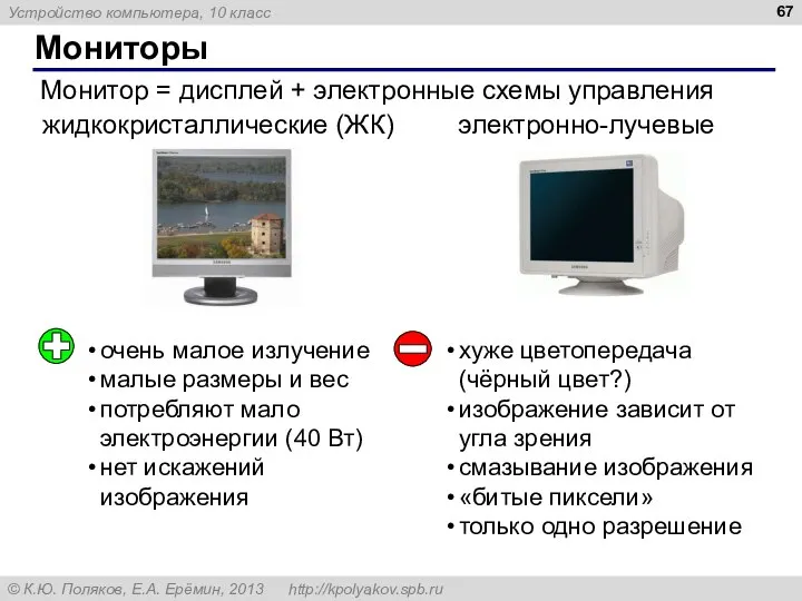 Мониторы Монитор = дисплей + электронные схемы управления электронно-лучевые жидкокристаллические (ЖК) очень