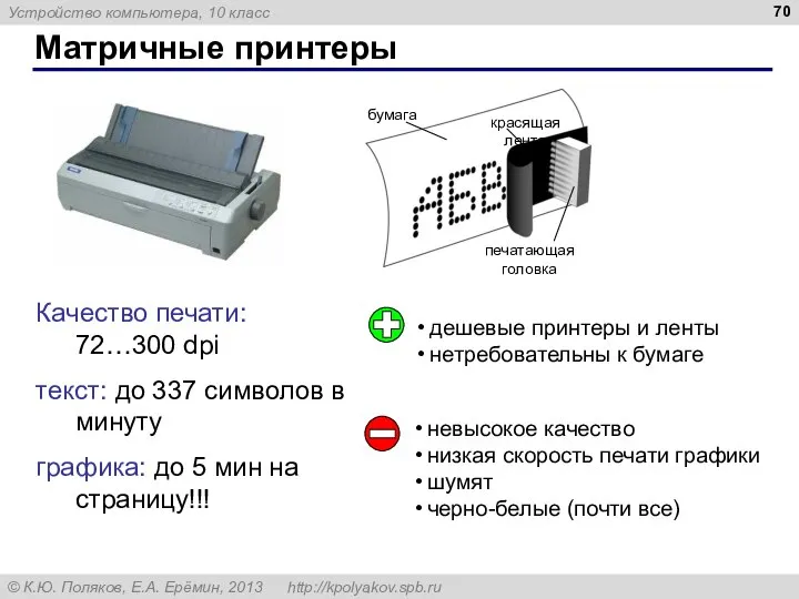 Матричные принтеры Качество печати: 72…300 dpi текст: до 337 символов в минуту