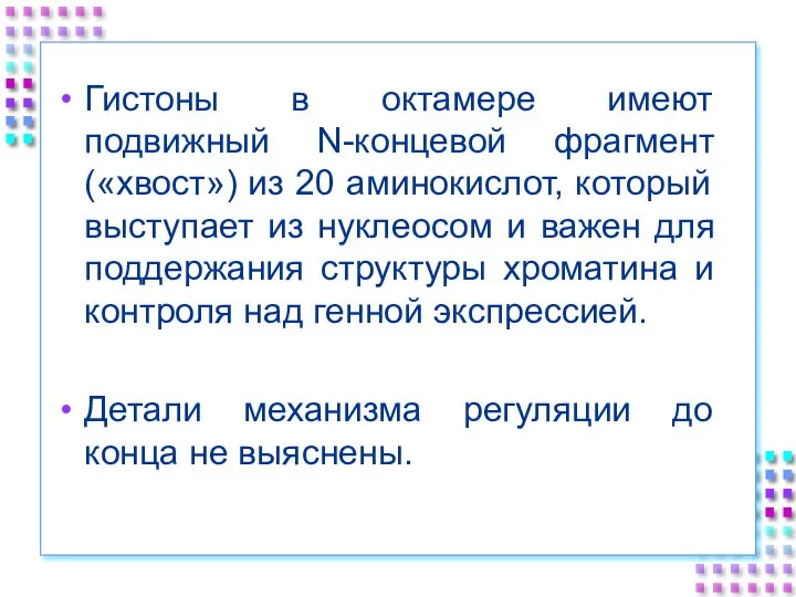 Гистоны в октамере имеют подвижный N-концевой фрагмент («хвост») из 20 аминокислот, который