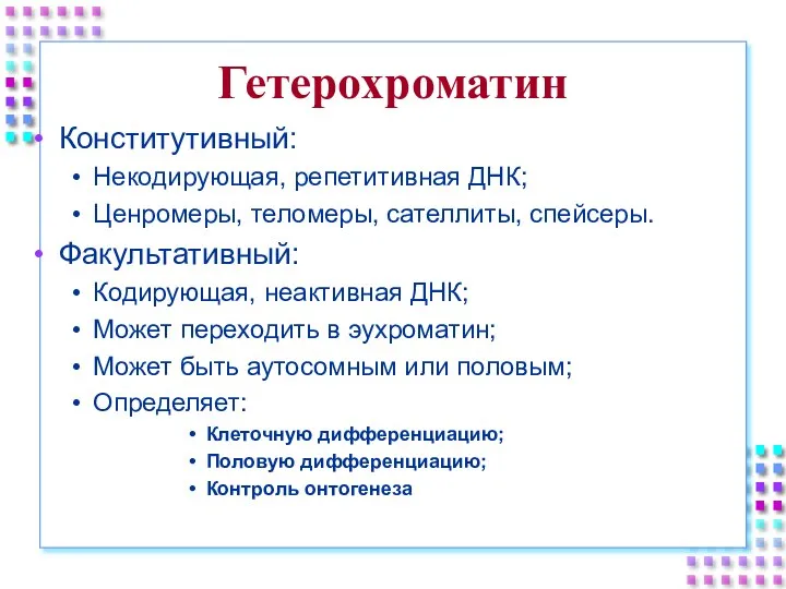 Гетерохроматин Конститутивный: Некодирующая, репетитивная ДНК; Ценромеры, теломеры, сателлиты, спейсеры. Факультативный: Кодирующая, неактивная