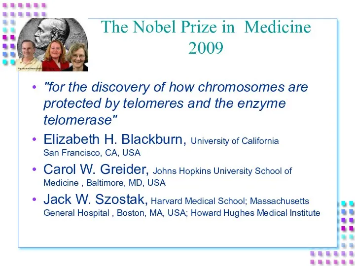 The Nobel Prize in Medicine 2009 "for the discovery of how chromosomes