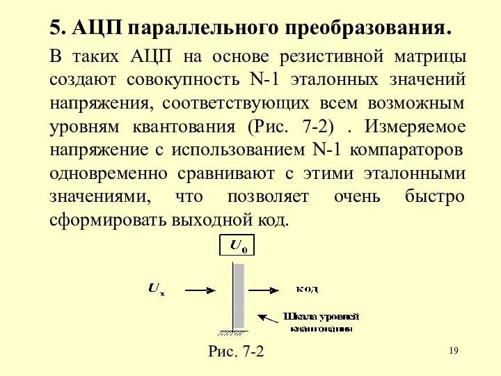 5. АЦП параллельного преобразования. В таких АЦП на основе резистивной матрицы создают